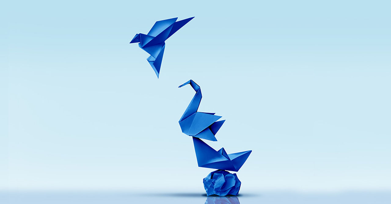 Illustration of an origami bird in several stages of take-off